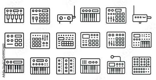 Music equipment outline icons set – flat, linear, audio gear symbols