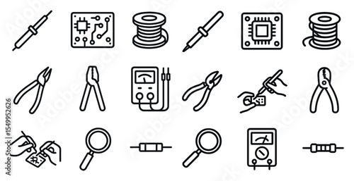 Electronic tools outline icons set – linear, line, engineering and hardware symbols