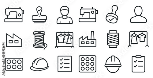 Apparel manufacturing line icons set – outline, silhouette, textile industry tools