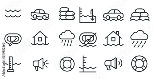 Weather and flood outline icons set – linear, water and climate symbols