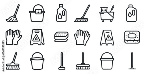 Cleaning and maintenance line icons set – outline, hygiene, sanitation symbols