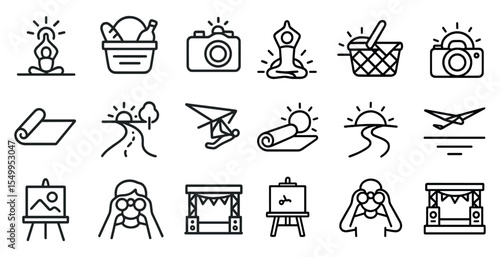 Travel and leisure icons set in outline style – adventure, vacation, and holiday symbols