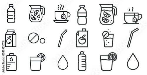 Beverage and drink outline icons set – flat, linear, refreshing elements for design