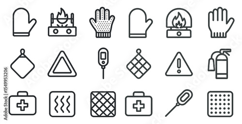 Safety and emergency line icons set – outline, flat, warning and precaution symbols
