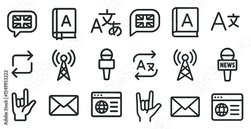 Language and communication icons set – outline, linear, translation and speech symbols