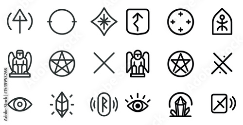 Mystical symbols outline icons set – linear, sacred, spiritual design elements