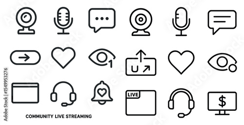 Live streaming outline icons set – community, media, online communication symbols