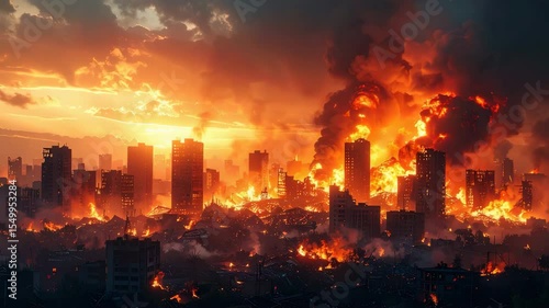 City in flames at night with bright orange fire illuminating urban landscape and skyscrapers