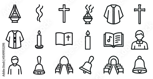 Religious and spiritual outline icons set – linear, faith, sacred symbols