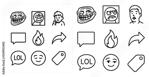 Internet meme line icons set – outline, linear, viral humor symbols