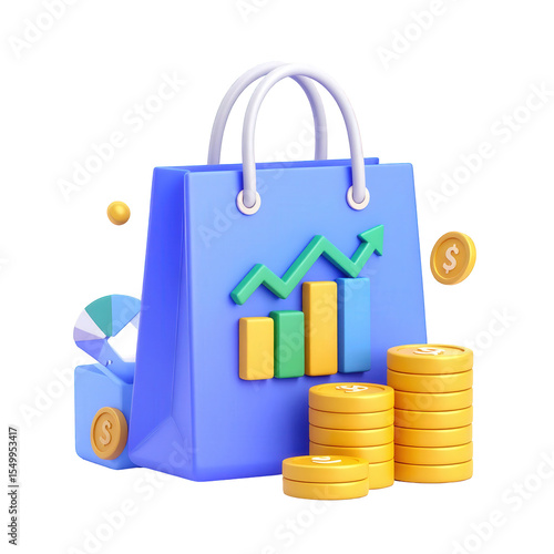 Blue shopping bag with financial graph and coins indicating growth trend transparent background