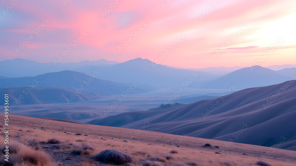 Fototapeta premium Sunrise Serenity: Majestic mountains bathed in the soft hues of dawn create a picturesque scene, perfect for evoking tranquility and a sense of adventure.