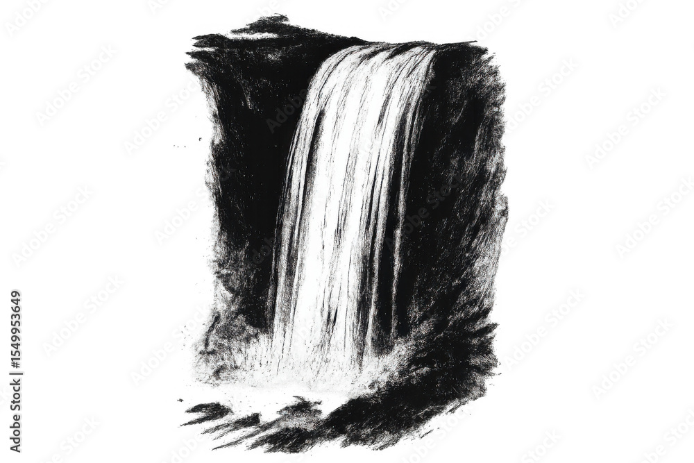 Obraz premium Powerful waterfall plunging over dark rocky cliff, generating dramatic natural energy, isolated on transparent backdrop for seamless design composition