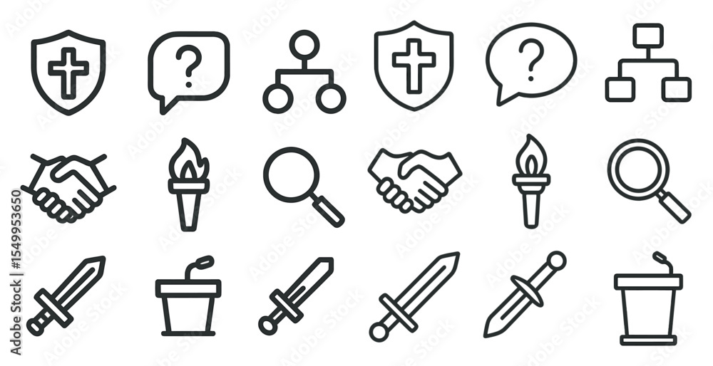 Fototapeta premium Church and network line icons set – sleek, minimalist faith and connection symbols