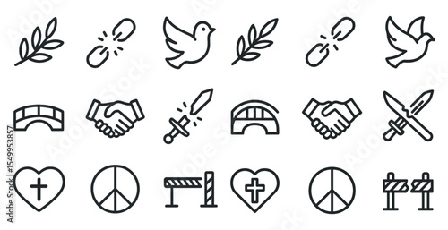 Peace and harmony icons set – outline, line, symbols for unity and tranquility