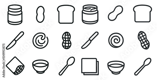 Peanut butter and jelly icons set – outline, linear, sandwich and snack symbols