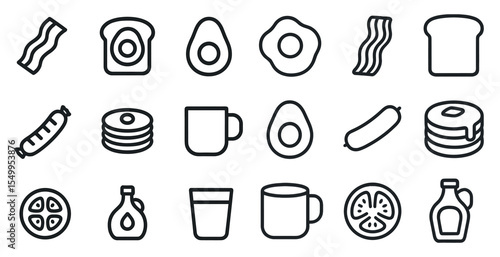 Breakfast food line icons set – outline, linear, morning meal designs and symbols