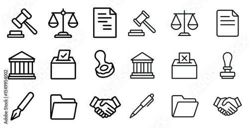 Legal and law outline icons set – linear, court, justice and legal symbols