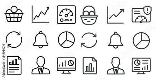 Business analytics outline icons set – linear, data, performance tracking symbols
