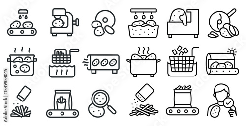 French fry production outline icons set – line, linear, snack and fast food symbols