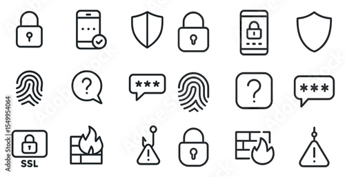 Cybersecurity outline icons set – line, shield, protection and security symbols