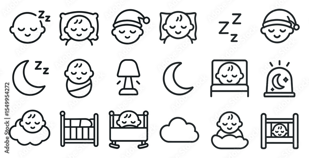 Fototapeta premium Sleep and nighttime outline icons set – dream, rest, bedtime symbols