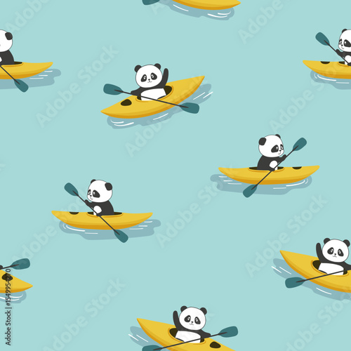 Cute panda bears swimming on kayak seamless pattern. Vector cartoon print