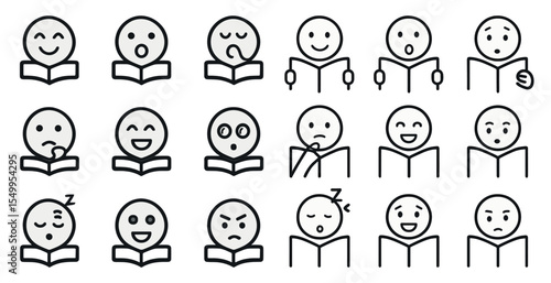 Reading and emotion outline icons set – linear, expressive, storytelling symbols