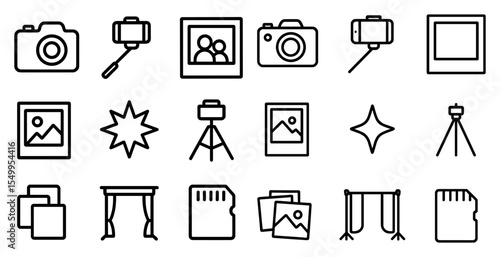 Photography and camera outline icons set – silhouette, line, and equipment symbols