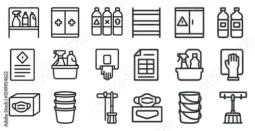 Cleaning and safety outline icons set – flat, hygiene, sanitation symbols