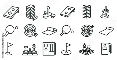 Game and recreation outline icons set – silhouette, leisure, and activity symbols