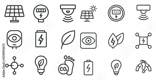 Renewable energy outline icons set – flat, solid, sustainable and eco-friendly symbols