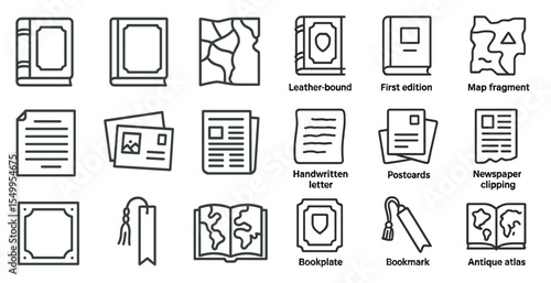Vintage reading and writing line icons set – outline, literature, antique documents collection