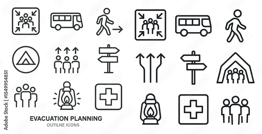 Fototapeta premium Evacuation planning outline icons set – emergency, safety, exit strategy symbols