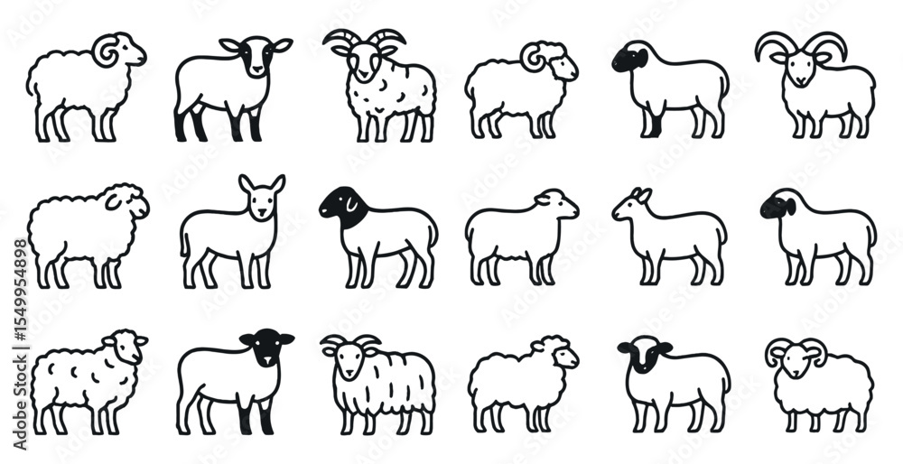 Fototapeta premium Farm animal outline icons set – silhouette, sheep, goat, livestock symbols