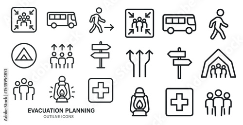 Evacuation planning outline icons set – emergency, safety, exit strategy symbols