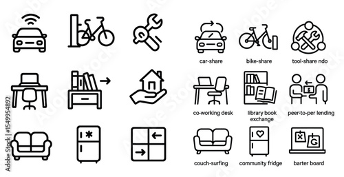 Community tools outline icons set – bike-share, coworking, tool-exchange graphics