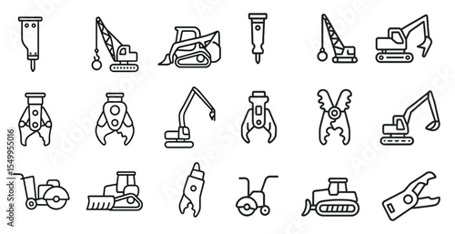 Construction equipment line icons set – outline, machinery, industrial symbols