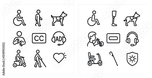 Accessibility and disability icons set – outline, flat, inclusive and assistive symbols