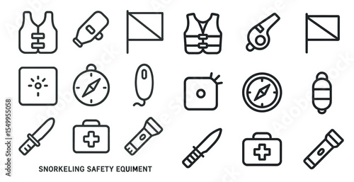 Snorkeling safety equipment icons set – outline, line, diving and gear essentials