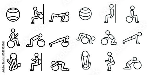 Exercise ball outline icons set – fitness, workout, gym symbols