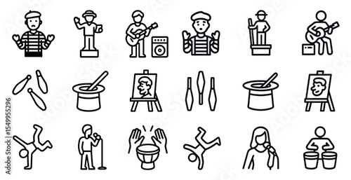 Performing arts outline icons set – line, flat, theater and music symbols