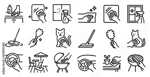 Cleaning and maintenance outline icons set – line, hygiene and upkeep symbols