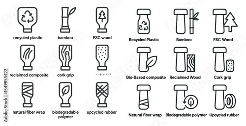 Sustainable materials icons set – outline, eco-friendly, green design symbols