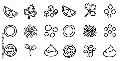 Food and drink outline icons set – linear, culinary, kitchen essentials symbols