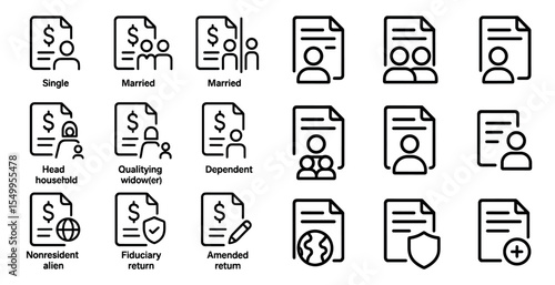 Tax document outline icons set – simple, linear, accounting and finance symbols