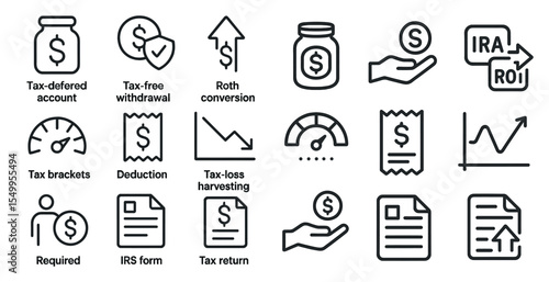 Finance and tax outline icons set – budget, accounting, financial management symbols