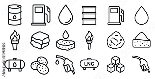 Oil and gas line icons set – silhouette, energy and petroleum industry symbols