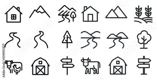 Nature and farm outline icons set – linear, rural, outdoor life symbols