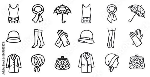 Fashion and clothing outline icons set – linear, style, apparel and accessories